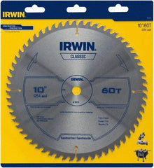 Irwin Blades - 10" Diam, 5/8" Arbor Hole Diam, 60 Tooth Wet & Dry Cut Saw Blade - Carbide-Tipped, Smooth Action, Standard Round Arbor - Benchmark Tooling