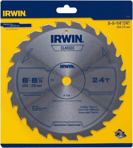 Irwin Blades - 8-1/4" Diam, 5/8" Arbor Hole Diam, 24 Tooth Wet & Dry Cut Saw Blade - Carbide-Tipped, Smooth Action, Diamond Arbor - Benchmark Tooling