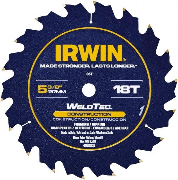 Irwin Blades - 5-3/8" Diam, 10mm Arbor Hole Diam, 18 Tooth Wet & Dry Cut Saw Blade - Carbide-Tipped, Straight Action, Standard Round Arbor - Benchmark Tooling