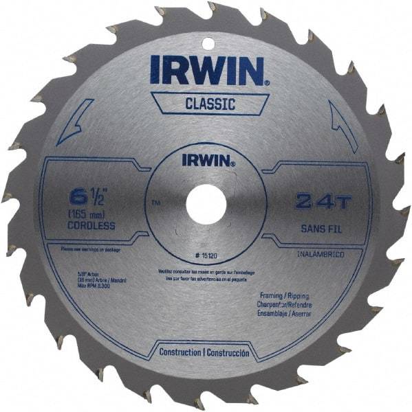 Irwin - 6-1/2" Diam, 5/8" Arbor Hole Diam, 24 Tooth Wet & Dry Cut Saw Blade - Carbide-Tipped, Smooth Action, Diamond Arbor - Benchmark Tooling