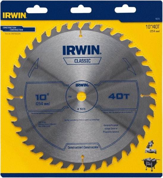 Irwin Blades - 10" Diam, 5/8" Arbor Hole Diam, 40 Tooth Wet & Dry Cut Saw Blade - Carbide-Tipped, Smooth Action, Diamond Arbor - Benchmark Tooling