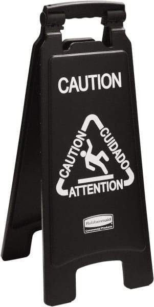 Rubbermaid - Attention/Caution/Cuidado, 11" Wide x 25" High, Polypropylene Floor Sign - English/French/Spanish, A-Frame, White on Black, For Accident Prevention - Benchmark Tooling