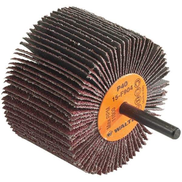 WALTER Surface Technologies - 3" Diam x 2" Face Width, Coarse Aluminum Oxide Coated Mounted Flap Wheel - 1/4" Shank Mount, 40 Grit, Cloth Backing, 11,000 Max RPM - Benchmark Tooling