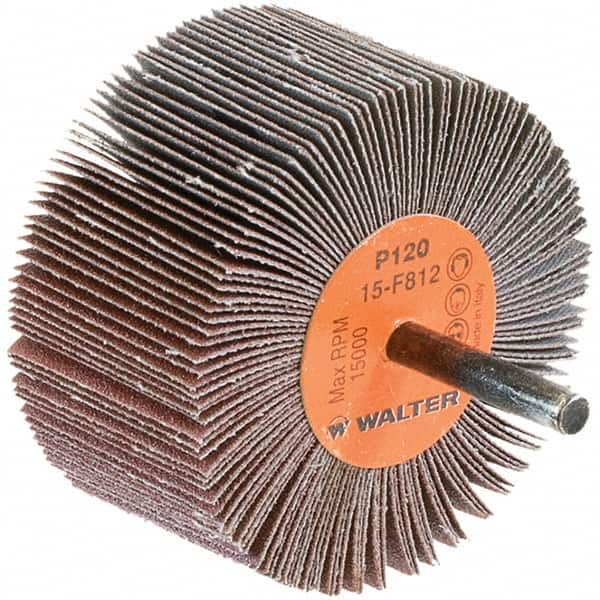 WALTER Surface Technologies - 3" Diam x 1-1/2" Face Width, Fine Aluminum Oxide Coated Mounted Flap Wheel - 1/4" Shank Mount, 120 Grit, Cloth Backing, 15,000 Max RPM - Benchmark Tooling