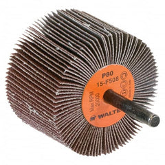 WALTER Surface Technologies - 2-1/2" Diam x 1-1/2" Face Width, Medium Aluminum Oxide Coated Mounted Flap Wheel - 1/4" Shank Mount, 80 Grit, Cloth Backing, 20,000 Max RPM - Benchmark Tooling