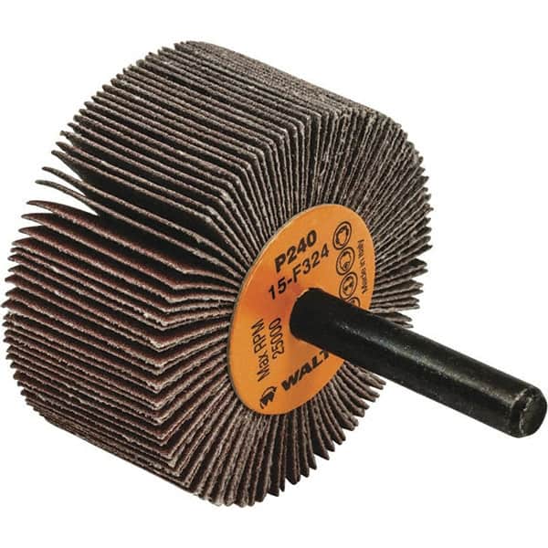 WALTER Surface Technologies - 2" Diam x 1" Face Width, Very Fine Aluminum Oxide Coated Mounted Flap Wheel - 1/4" Shank Mount, 240 Grit, Cloth Backing, 25,000 Max RPM - Benchmark Tooling