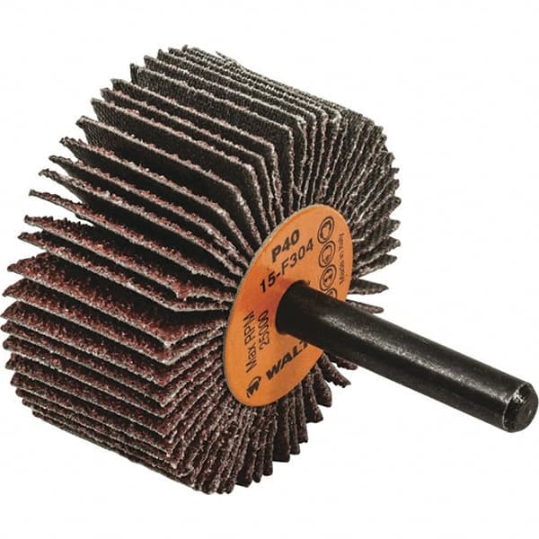 WALTER Surface Technologies - 2" Diam x 1" Face Width, Coarse Aluminum Oxide Coated Mounted Flap Wheel - 1/4" Shank Mount, 40 Grit, Cloth Backing, 25,000 Max RPM - Benchmark Tooling