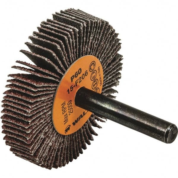 WALTER Surface Technologies - 2" Diam x 3/8" Face Width, Medium Aluminum Oxide Coated Mounted Flap Wheel - 1/4" Shank Mount, 60 Grit, Cloth Backing, 25,000 Max RPM - Benchmark Tooling