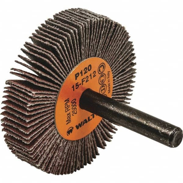 WALTER Surface Technologies - 2" Diam x 3/8" Face Width, Fine Aluminum Oxide Coated Mounted Flap Wheel - 1/4" Shank Mount, 120 Grit, Cloth Backing, 25,000 Max RPM - Benchmark Tooling