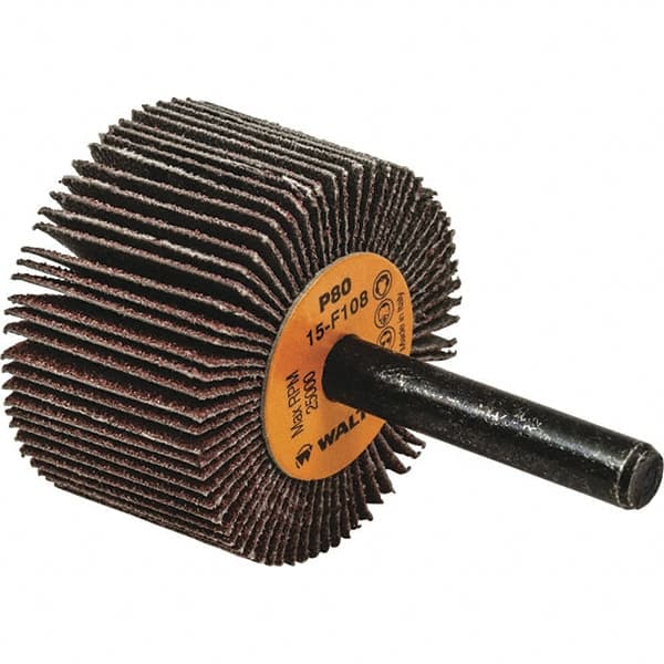 WALTER Surface Technologies - 1-1/2" Diam x 3/8" Face Width, Medium Aluminum Oxide Coated Mounted Flap Wheel - 1/4" Shank Mount, 80 Grit, Cloth Backing, 25,000 Max RPM - Benchmark Tooling