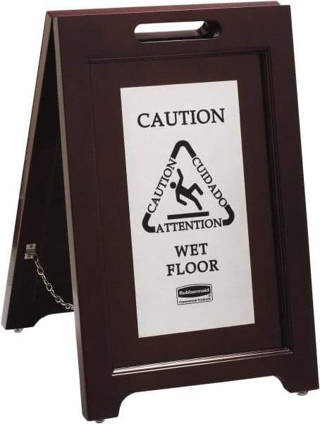 Rubbermaid - Attention/, Caution/, Cuidado/, Wet Floor, 15-1/8" Wide x 22" High, Wood Floor Sign - English/French/Spanish, A-Frame, Black on Silver, For Accident Prevention - Benchmark Tooling