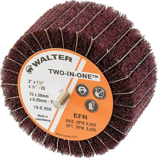 WALTER Surface Technologies - 3" Diam x 1-1/2" Face Width, Extra Fine Aluminum Oxide Nonwoven & Coated Mounted Flap Wheel - 1/4-20 Threaded Mount, 220 Grit, Interleaf, 8,000 Max RPM - Benchmark Tooling