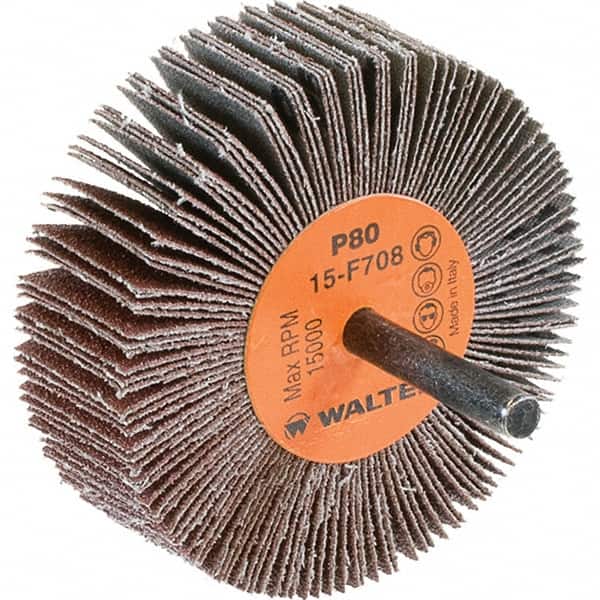 WALTER Surface Technologies - 3" Diam x 1" Face Width, Medium Aluminum Oxide Coated Mounted Flap Wheel - 1/4" Shank Mount, 80 Grit, Cloth Backing, 15,000 Max RPM - Benchmark Tooling