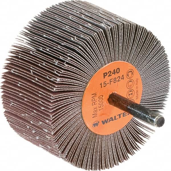 WALTER Surface Technologies - 3" Diam x 1-1/2" Face Width, Very Fine Aluminum Oxide Coated Mounted Flap Wheel - 1/4" Shank Mount, 240 Grit, Cloth Backing, 15,000 Max RPM - Benchmark Tooling