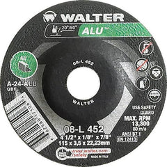 WALTER Surface Technologies - 24 Grit, 4-1/2" Wheel Diam, 1/8" Wheel Thickness, 7/8" Arbor Hole, Type 27 Depressed Center Wheel - Aluminum Oxide, Resinoid Bond, 13,300 Max RPM - Benchmark Tooling