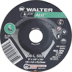 WALTER Surface Technologies - 24 Grit, 5" Wheel Diam, 1/8" Wheel Thickness, 7/8" Arbor Hole, Type 27 Depressed Center Wheel - Aluminum Oxide, Resinoid Bond, 12,200 Max RPM - Benchmark Tooling