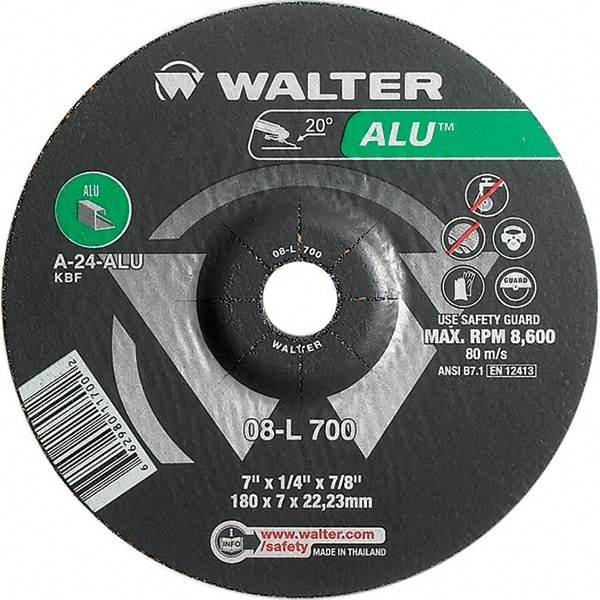 WALTER Surface Technologies - 24 Grit, 7" Wheel Diam, 1/4" Wheel Thickness, 7/8" Arbor Hole, Type 27 Depressed Center Wheel - Aluminum Oxide, Resinoid Bond, 8,600 Max RPM - Benchmark Tooling