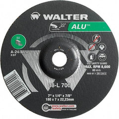 WALTER Surface Technologies - 24 Grit, 7" Wheel Diam, 1/4" Wheel Thickness, 7/8" Arbor Hole, Type 27 Depressed Center Wheel - Aluminum Oxide, Resinoid Bond, 8,600 Max RPM - Benchmark Tooling