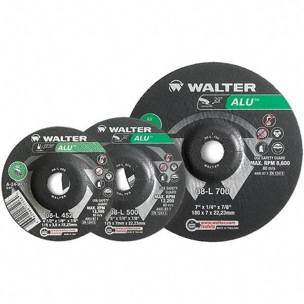 WALTER Surface Technologies - 24 Grit, 7" Wheel Diam, 1/4" Wheel Thickness, Type 27 Depressed Center Wheel - Aluminum Oxide, Resinoid Bond, 8,600 Max RPM - Benchmark Tooling