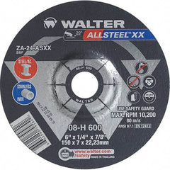 WALTER Surface Technologies - 24 Grit, 6" Wheel Diam, 1/4" Wheel Thickness, 7/8" Arbor Hole, Type 27 Depressed Center Wheel - Aluminum Oxide, Resinoid Bond, 10,200 Max RPM - Benchmark Tooling