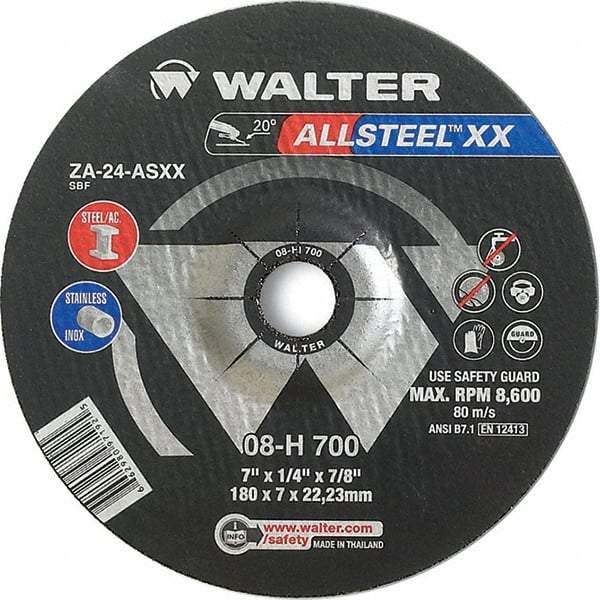 WALTER Surface Technologies - 24 Grit, 7" Wheel Diam, 1/8" Wheel Thickness, 7/8" Arbor Hole, Type 27 Depressed Center Wheel - Aluminum Oxide, Resinoid Bond, 8,600 Max RPM - Benchmark Tooling