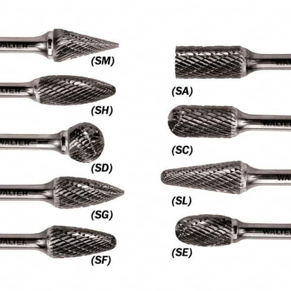 WALTER Surface Technologies - 1/2" Cut Diam, 1/4" Shank Diam, Flame Head Double Cut Burr - Carbide, 1-1/4" LOC - Benchmark Tooling