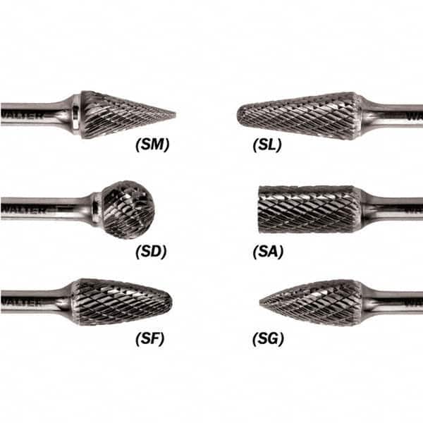 WALTER Surface Technologies - 1/8" Cut Diam, 1/8" Shank Diam, Taper Head Double Cut Burr - Carbide, 1/2" LOC - Benchmark Tooling