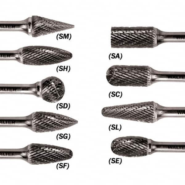 WALTER Surface Technologies - 3/8" Cut Diam, 1/4" Shank Diam, Taper Head Double Cut Burr - Carbide, 3/4" LOC - Benchmark Tooling