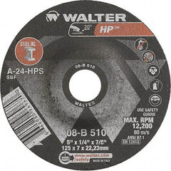 WALTER Surface Technologies - 24 Grit, 5" Wheel Diam, 1/4" Wheel Thickness, 7/8" Arbor Hole, Type 27 Depressed Center Wheel - Aluminum Oxide, Resinoid Bond, 12,200 Max RPM - Benchmark Tooling