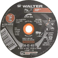 WALTER Surface Technologies - 24 Grit, 4-1/2" Wheel Diam, 1/4" Wheel Thickness, Type 28 Depressed Center Wheel - Aluminum Oxide, Resinoid Bond, 13,300 Max RPM - Benchmark Tooling