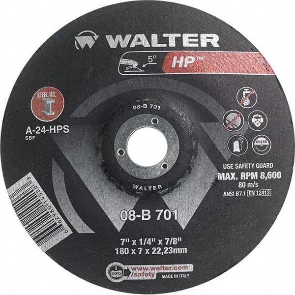 WALTER Surface Technologies - 24 Grit, 7" Wheel Diam, 1/4" Wheel Thickness, 7/8" Arbor Hole, Type 28 Depressed Center Wheel - Aluminum Oxide, Resinoid Bond, 8,600 Max RPM - Benchmark Tooling