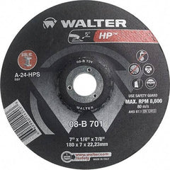 WALTER Surface Technologies - 24 Grit, 7" Wheel Diam, 1/4" Wheel Thickness, 7/8" Arbor Hole, Type 28 Depressed Center Wheel - Aluminum Oxide, Resinoid Bond, 8,600 Max RPM - Benchmark Tooling
