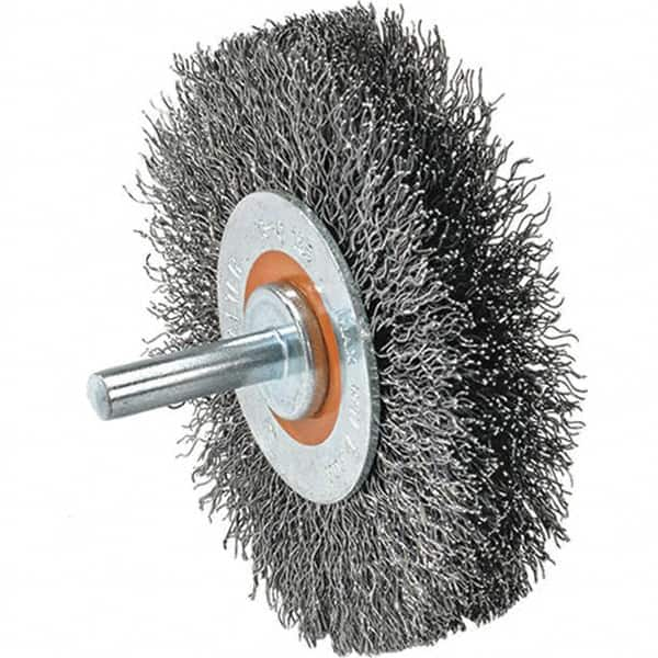 WALTER Surface Technologies - 1-3/8" OD, 1/4" Shank Diam, Crimped Stainless Steel Wheel Brush - 1/4" Face Width, 0.008" Filament Diam, 25,000 RPM - Benchmark Tooling