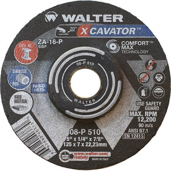 WALTER Surface Technologies - 16 Grit, 5" Wheel Diam, 1/4" Wheel Thickness, 7/8" Arbor Hole, Type 27 Depressed Center Wheel - Aluminum Oxide, Resinoid Bond, 12,200 Max RPM - Benchmark Tooling