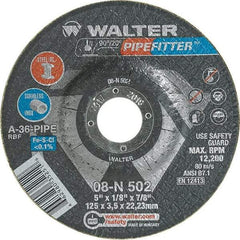 WALTER Surface Technologies - 36 Grit, 5" Wheel Diam, 1/8" Wheel Thickness, 7/8" Arbor Hole, Type 27 Depressed Center Wheel - Aluminum Oxide/Silicon Carbide Blend, Resinoid Bond, 12,200 Max RPM, Compatible with Angle Grinder - Benchmark Tooling