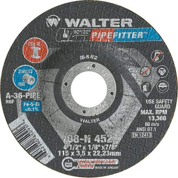 WALTER Surface Technologies - 36 Grit, 4-1/2" Wheel Diam, 1/8" Wheel Thickness, 7/8" Arbor Hole, Type 27 Depressed Center Wheel - Aluminum Oxide/Silicon Carbide Blend, Resinoid Bond, 13,300 Max RPM, Compatible with Angle Grinder - Benchmark Tooling