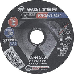 WALTER Surface Technologies - 36 Grit, 5" Wheel Diam, 3/32" Wheel Thickness, 7/8" Arbor Hole, Type 27 Depressed Center Wheel - Aluminum Oxide/Silicon Carbide Blend, Resinoid Bond, 12,200 Max RPM - Benchmark Tooling