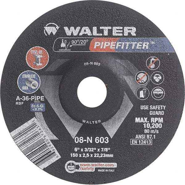 WALTER Surface Technologies - 36 Grit, 6" Wheel Diam, 3/32" Wheel Thickness, 7/8" Arbor Hole, Type 27 Depressed Center Wheel - Aluminum Oxide/Silicon Carbide Blend, Resinoid Bond, 10,200 Max RPM - Benchmark Tooling