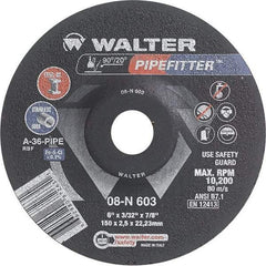 WALTER Surface Technologies - 36 Grit, 6" Wheel Diam, 3/32" Wheel Thickness, 7/8" Arbor Hole, Type 27 Depressed Center Wheel - Aluminum Oxide/Silicon Carbide Blend, Resinoid Bond, 10,200 Max RPM - Benchmark Tooling
