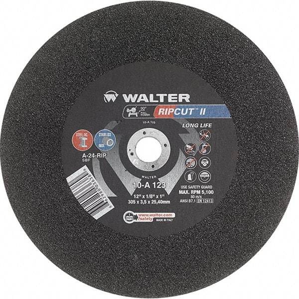 WALTER Surface Technologies - 12" 24 Grit Aluminum Oxide Cutoff Wheel - 1/8" Thick, 1" Arbor, 5,100 Max RPM, Use with Stationary Tools - Benchmark Tooling