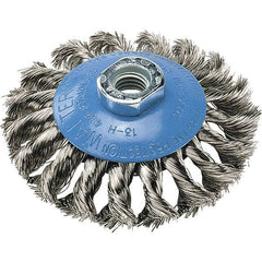 WALTER Surface Technologies - 5" Diam, 5/8-11 Threaded Arbor, Stainless Steel Fill Cup Brush - 0.02 Wire Diam, 15,000 Max RPM - Benchmark Tooling