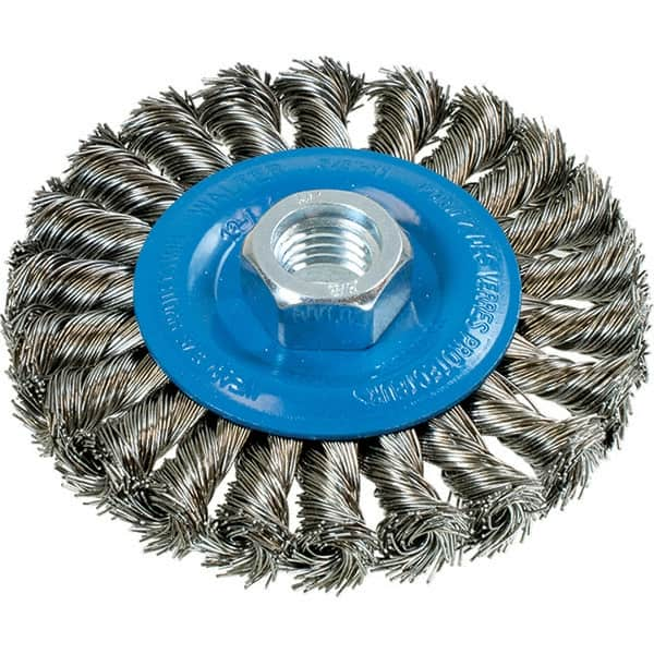 WALTER Surface Technologies - 4" OD, 5/8-11 Arbor Hole, Knotted Stainless Steel Wheel Brush - 3/8" Face Width, 0.02" Filament Diam, 20,000 RPM - Benchmark Tooling