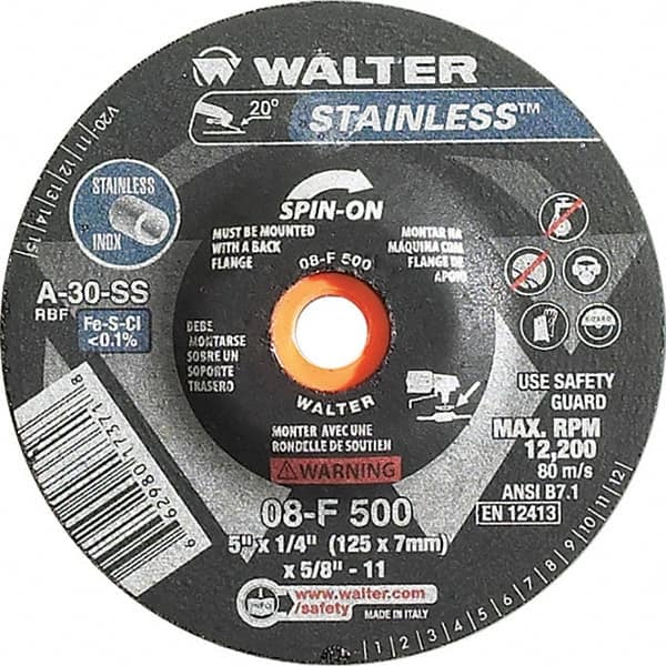 WALTER Surface Technologies - 30 Grit, 5" Wheel Diam, 1/4" Wheel Thickness, Type 27 Depressed Center Wheel - Aluminum Oxide, Resinoid Bond, 12,200 Max RPM - Benchmark Tooling