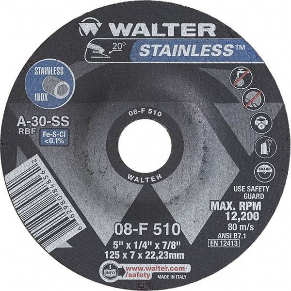 WALTER Surface Technologies - 30 Grit, 5" Wheel Diam, 1/4" Wheel Thickness, 7/8" Arbor Hole, Type 27 Depressed Center Wheel - Aluminum Oxide, Resinoid Bond, 12,200 Max RPM - Benchmark Tooling