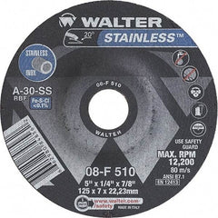 WALTER Surface Technologies - 30 Grit, 5" Wheel Diam, 1/4" Wheel Thickness, 7/8" Arbor Hole, Type 27 Depressed Center Wheel - Aluminum Oxide, Resinoid Bond, 12,200 Max RPM - Benchmark Tooling