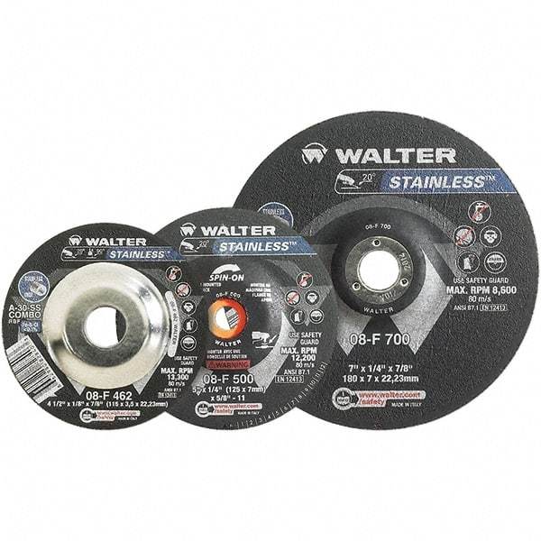 WALTER Surface Technologies - 30 Grit, 6" Wheel Diam, 1/8" Wheel Thickness, 7/8" Arbor Hole, Type 27 Depressed Center Wheel - Aluminum Oxide, Resinoid Bond, 10,200 Max RPM - Benchmark Tooling