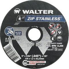 WALTER Surface Technologies - 5" 60 Grit Aluminum Oxide/Silicon Carbide Blend Cutoff Wheel - 3/64" Thick, 7/8" Arbor, 12,200 Max RPM, Use with Angle Grinders - Benchmark Tooling