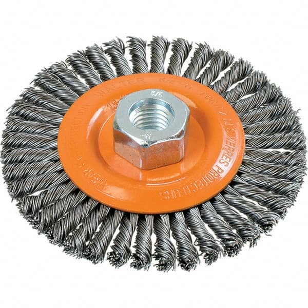 WALTER Surface Technologies - 4-1/2" OD, 5/8-11 Arbor Hole, Stringer Bead Steel Wheel Brush - 3/16" Face Width, 0.02" Filament Diam, 15,000 RPM - Benchmark Tooling