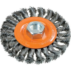 WALTER Surface Technologies - 4" OD, 5/8-11 Arbor Hole, Knotted Steel Wheel Brush - 3/8" Face Width, 0.02" Filament Diam, 20,000 RPM - Benchmark Tooling