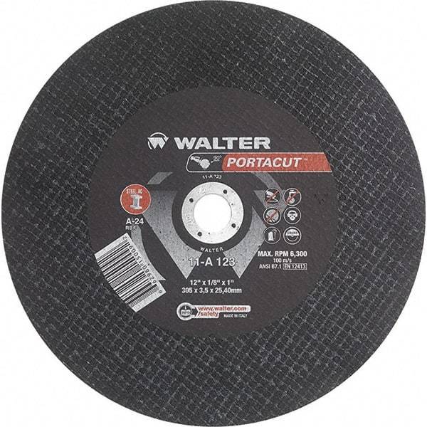 WALTER Surface Technologies - 12" 24 Grit Aluminum Oxide Cutoff Wheel - 1/8" Thick, 1" Arbor, 6,300 Max RPM, Use with Electric & Gas Powered Saws - Benchmark Tooling